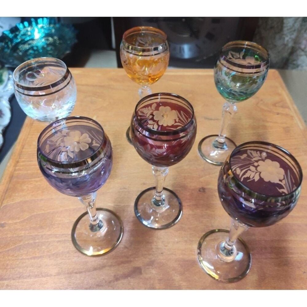 Bohemian Czech Cut to Clear Overlay 5" Cordial Glasses